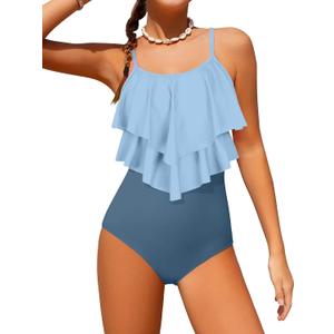 Girls Swimsuit Color Block One Piece Swimsuit 2-Tiered Ruffle Bathing Suit Adjustable Strap Girls' Swimwear 7-16Y