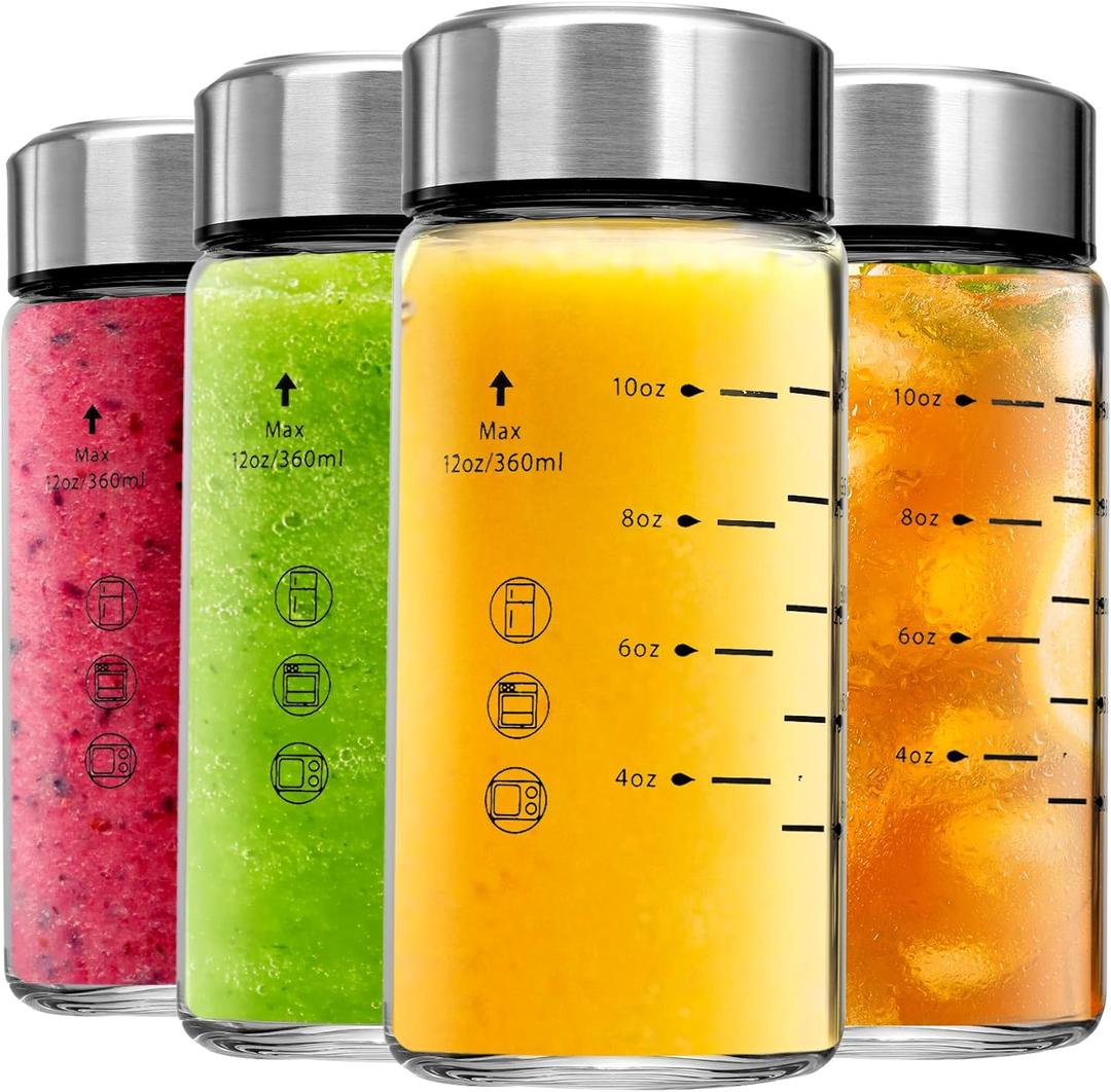 Glass Juice Bottles 4 Pack 12 oz - Wide Mouth Glass Water Bottles with Lids - Borosilicate,Stainless Steel Lids for Juicing, Smoothies, Infused Water, Beverage Storage, Leakproof, Reusable,BPA Free