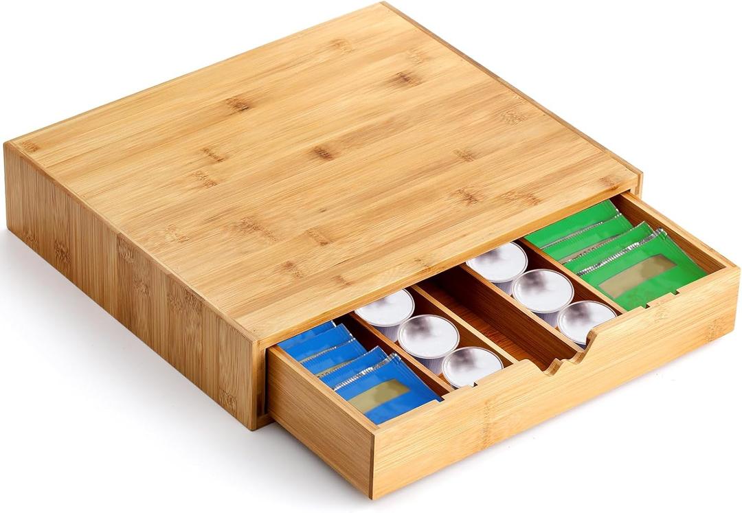 Peohud Bamboo Tea Bag Organizer, Tea Bag Storage Box for Countertop with Removable Divider Drawer, Functional Coffee Pod Holder for Kitchen, Office, Coffee Station, Tableware, Cosmetics