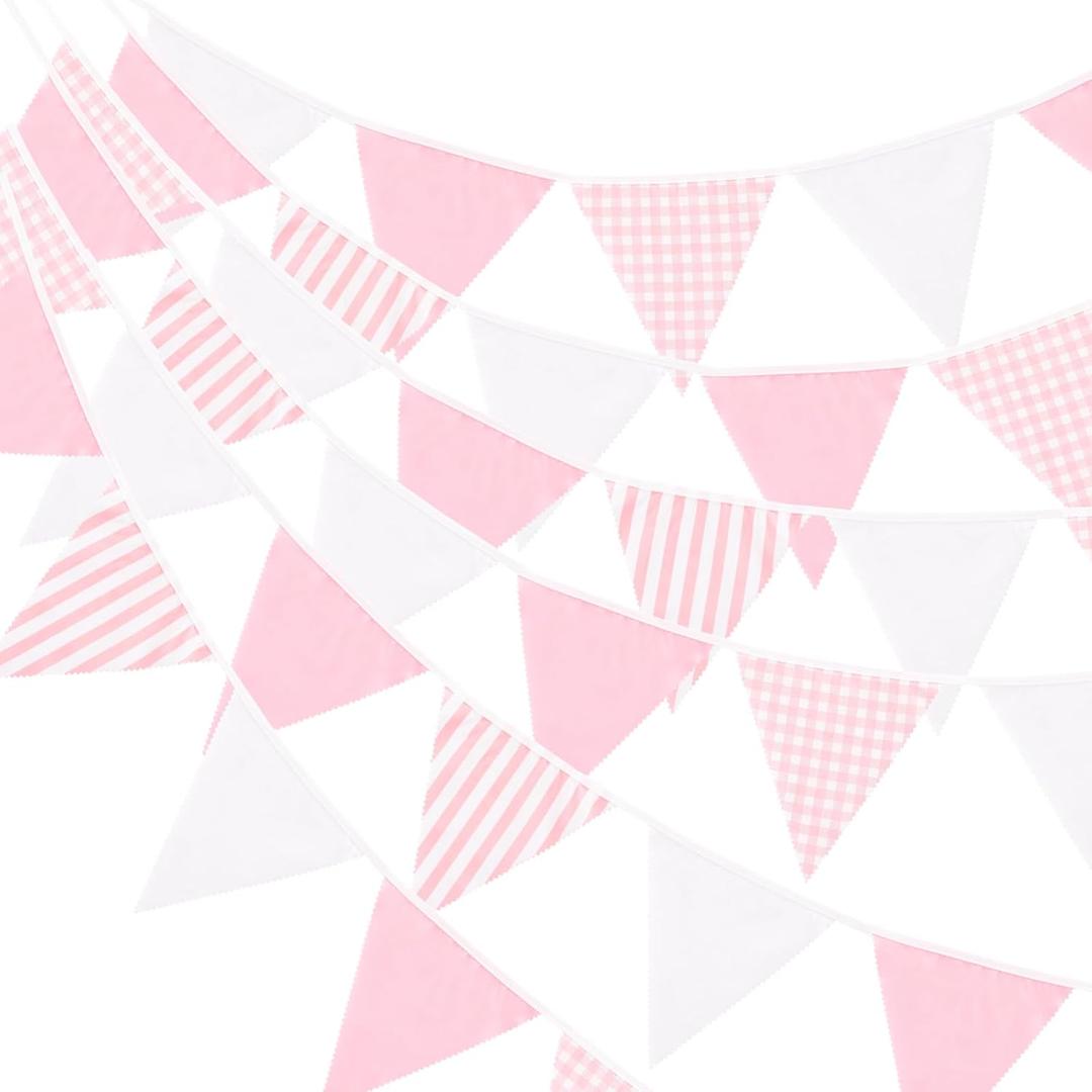 GCQQ 39Ft Pink White Party Decoration, 42Pcs Large Striped and Checkered Fabric Banner Garland, Triangle Banner Flags for Valentine's Pink Party, Wedding, Bridal Baby Shower, Home Nursery Decoration