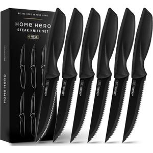 Home Hero Steak Knife Set - Nonstick Serrated Steak Knives - Stainless-Steel Kitchen Knife Set - Ergonomic TPR Handles for Precision Meat Carver - 6-Pc Set, Black