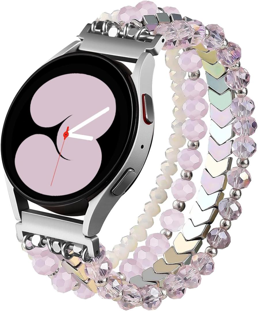 Lerobo Glossy Band Compatible with Samsung Watch Bands for Women Girl 7/ 6/ 5/ 4 40mm 44mm Active 2 40/ 42mm Watch 4 Classic 42mm 46mm Watch 5 Pro 45mm Handmade Band Replacement Strap, White/ Pink
