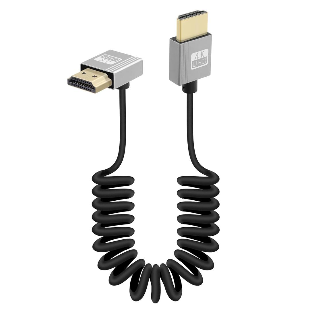 RIIEYOCA 90 Degree 4K Short HDMI to HDMI Coiled Cable,Up Angle Male to Male HDMI Cable,18Gbps High Speed HDMI 2.0 Support 4K@60Hz, Compatible with Cameras, Camcorders, Monitors(3FT/0.9M)