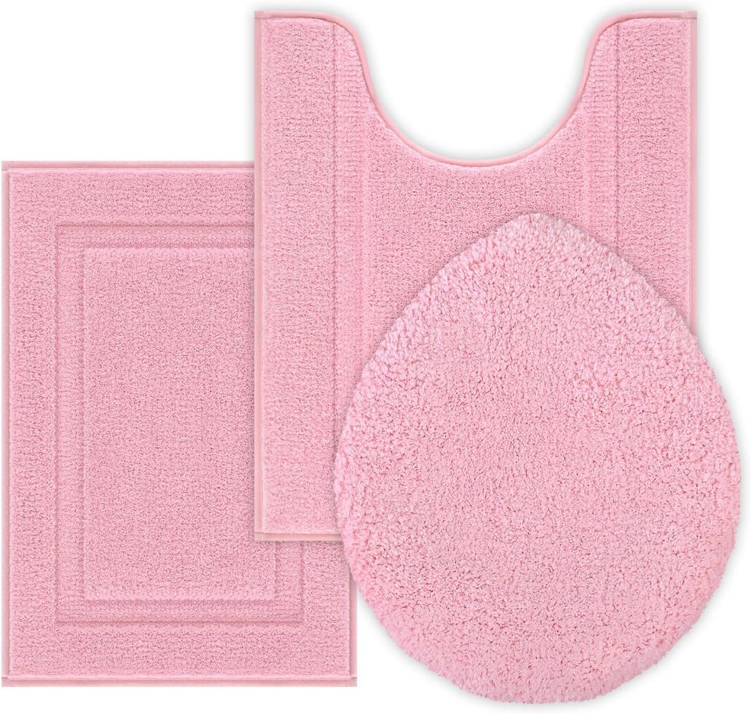 SHACOS 3 Pieces Bath Rugs Set with Toilet Lid Cover Soft Absorbent Bath Mats U Shape Contour Rug Toilet Cover Absorbent Non Slip Machine Washable Plush Bathroom Rug (Pink)