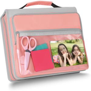 Ndsox Zipper Binder 3 Ring with Handle, 2 Inch O-Ring Document Organizer Middle School Binder with Zipper for Students, 5-Tab Expanding File Folder & 2 Mesh Pouches, DIY Clear Front Pocket, Pink