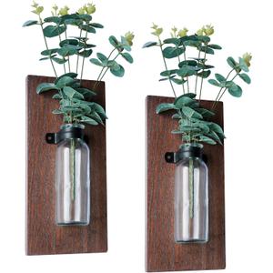 2 Pack Wood Glass Wall Vases and Plants Artificial, Indoor Wood Hanging Vase, Modern Farmhouse Wall Decor for Bathroom Office and Living Room, Farmhouse Sconces Wall Decor (Brown)