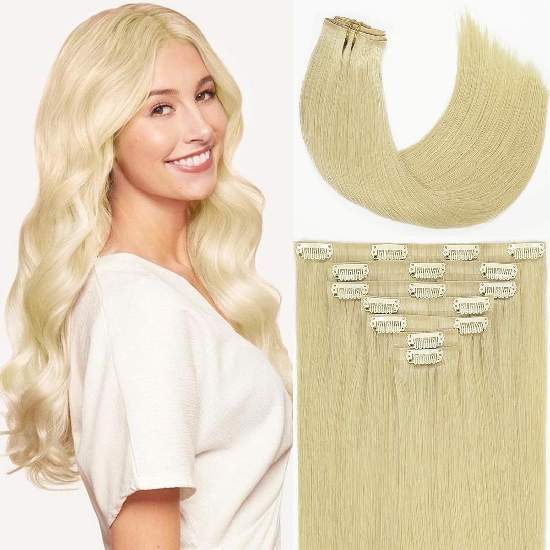 Loxxy Blonde Seamless Clip in Hair Extensions Real Remy Human Hair 20Inch With Invisible PU Skin Weft Invisible Light Bleach Blonde Thick Hair Extensions Clip ins 7Pcs 110G #60