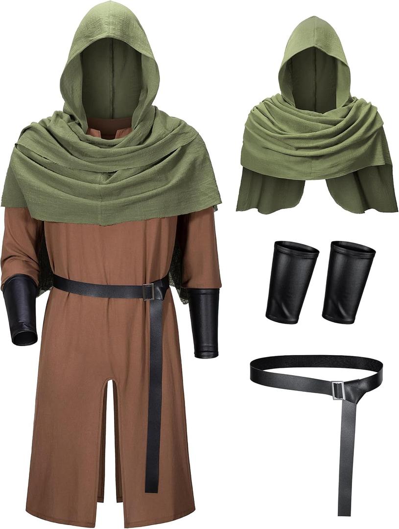 TOKYO REVENGERS Men Medieval Renaissance Pirate Costume Knight Cosplay Outfit LARP Costume Accessories Set (XX-Large, Brown-army Green)