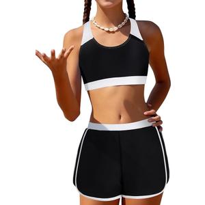 Gaupafmb Girls Bikini 3PCS Swim Sets Color Block Crop Top Briefs with Shorts for 11-12Y Years