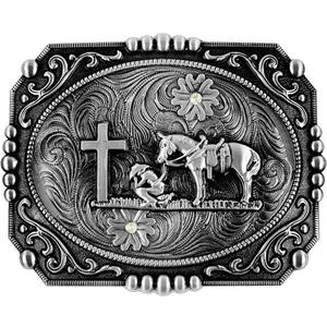 Moranse Religion Cross Cowboy Kneeling Prayer And Horse Design Belt Buckles (Square Silver)