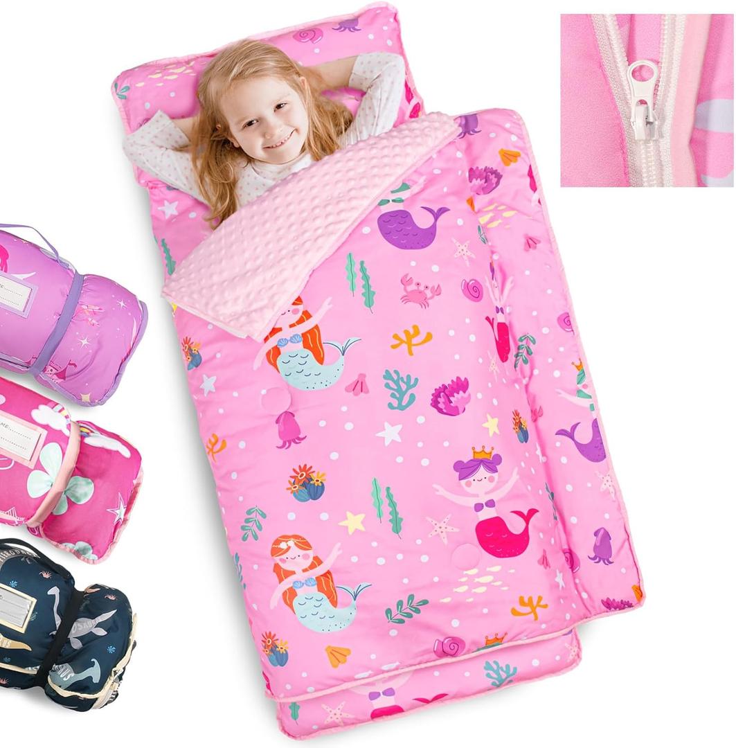 Primlect Toddler Nap Mat Extra Large Thickened 55''x35'', Soft Sleeping Bag with Detachable Minky Blanket and Pillow, Portable for Daycare, Preschool, Kindergarten, Travel, Boys and Girls (Pink Mermaid)