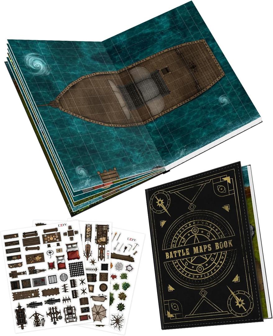 CZYY DND Battle Map Book  32 Reusable Dry/Wet Erase Mats with 100+ Scenery Decals, 1" Grid & Lay-Flat Binding - Portable RPG Terrain Kit for Campaigns, Game Night & Miniature Battles (Style A)