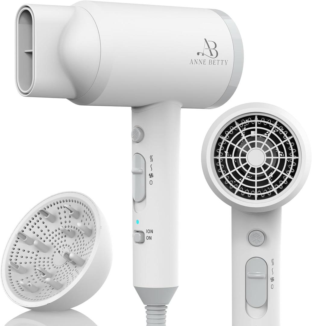 Ionic Hair Dryer with Diffuser, Powerful 1800W Blow Dryer for Women & Men, Fast-Drying Hair Dryer with Nozzle for Home, Salon, Travel (White)