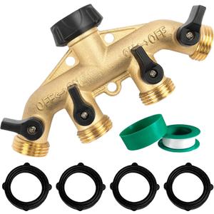 Hourleey Brass 4 Way Heavy Duty Garden Hose Splitter, Water Hose Splitter for 3/4" Hose Connector, Hose Faucet Splitter Hose Spigot Adapter 4 Valves with 4 Rubber Washers & Tape