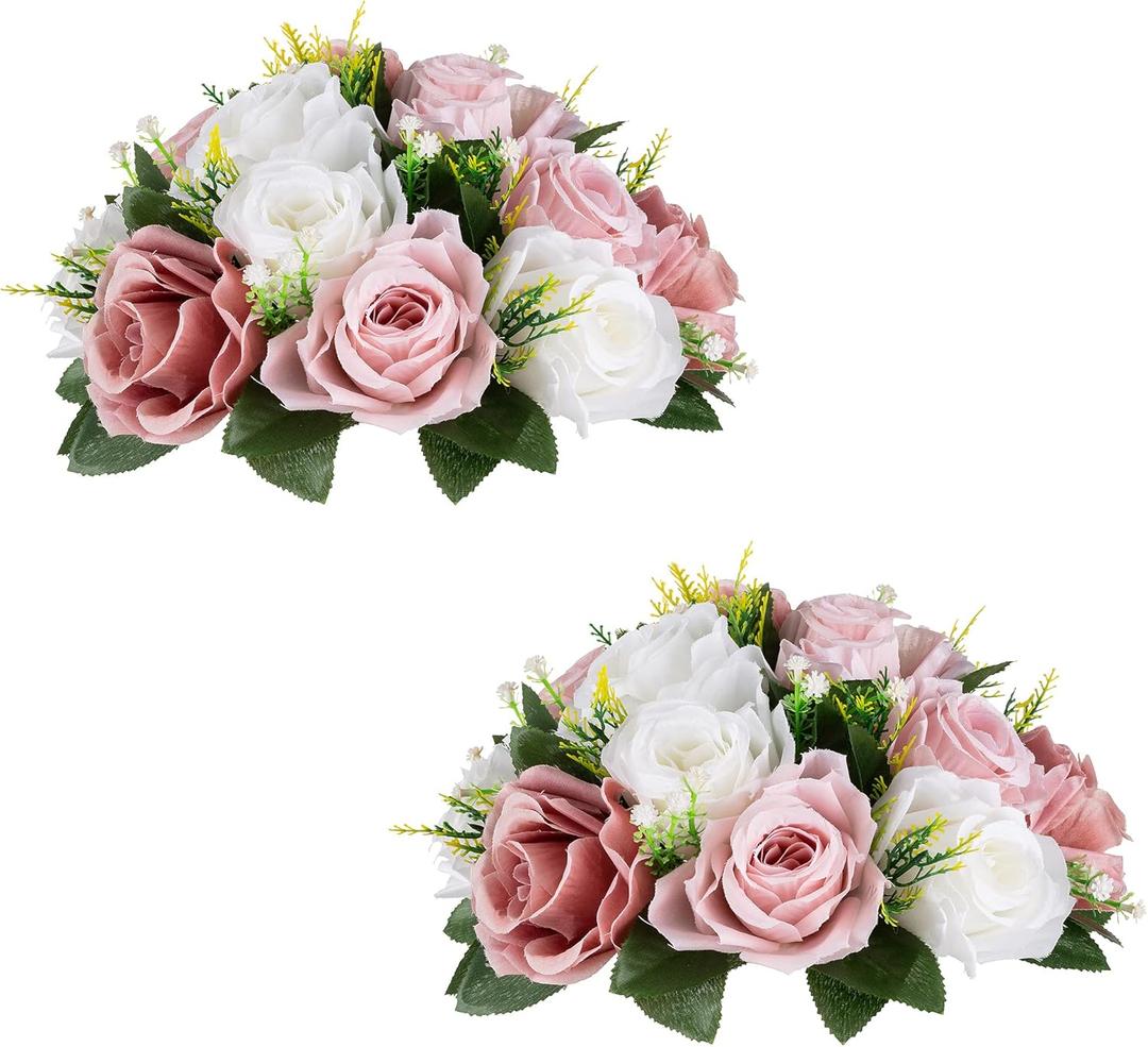 Flower Balls for Centerpieces - 2 Pcs Rose Balls Artificial Flowers, Dusty Rose Fake Flower Ball Kissing Ball, Pink Floral, Wedding Flowers Bouquets Arrangement for Party, Valentine's Day, Home Decor (Dusty Rose & White)