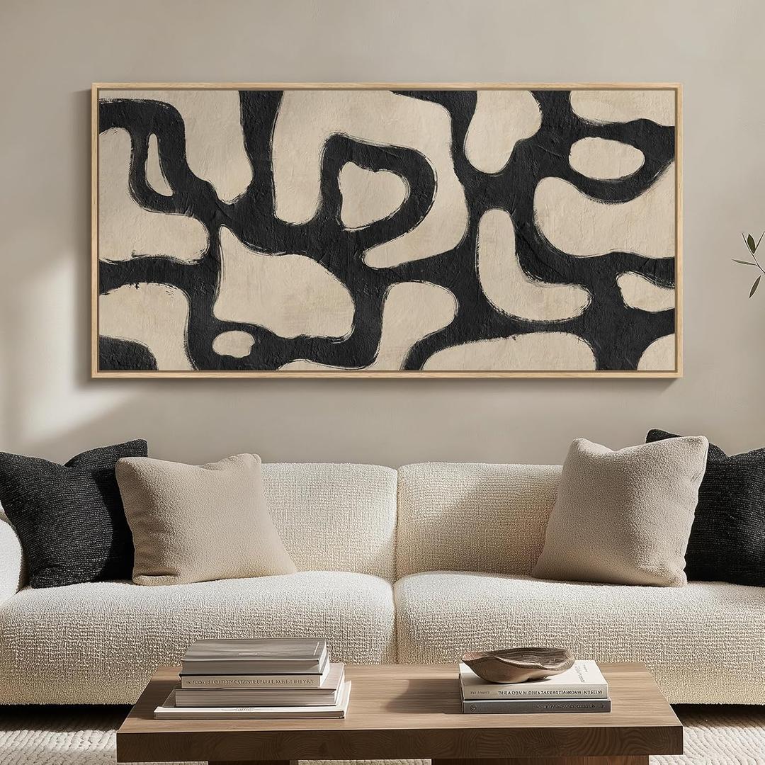 Framed Extra Large Abstract Wall Art for Living Room, Neutral Black and Beige Modern Painting Print, Mid Century Minimalist Horizontal Canvas Artwork for Dining Room Bedroom Hallway Office Wall Decor