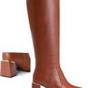 Women's Knee High Boots Block Metal Heel Square Toe Side Zipper Soft PU Leather Classic Fashion Dress Long Boots (9.5, Brown)