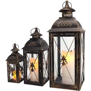 TRIROCKS Set of 3 Decorative Hanging Lantern 19'' High Vintage Metal Candle Holder with Tempered Glass Perfect for Living Room Garden Yard Patio Parties Events Indoors Outdoors (Black)