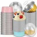 150Pcs Mini Cake Pans with Lids, 5 oz Disposable Aluminum Foil Ramekins Muffin Tin, Round Cupcake Baking Cups, Foil Cupcake Containers for Creme Brulee (Gold, Pink, Blue)
