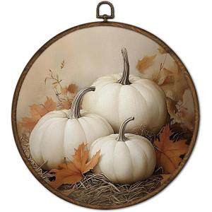 cvjutf Vintage Fall White Pumpkin Wall Art Framed, Fall Bathroom Decor, Rustic Farmhouse Autumn Round Wall Decor, Thanksgiving Pumpkin Canvas Prints Art for Kitchen Bathroom Living Room, 10x10 Inch