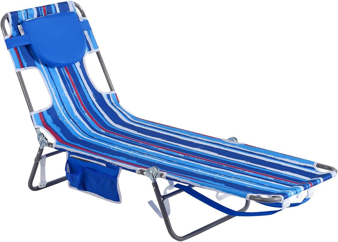 SunnyFeel Beach Lounge Chair, Backpack Reclining Beach Chairs Lay Flat, Face Down Tanning Chair, Folding Camping Chairs Portable Camp Cot with Backpack Straps for Outdoor/Picnic/Lawn (Blue Stripe)