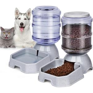 Pet Feeder and Water Food Dispenser Automatic for Dogs Cats, 100% BPA-Free, Gravity Refill, Easily Clean, Self Feeding for Small Large Pets Puppy Kitten Rabbit Bunny (Grey)