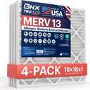 BNX TruFilter 18x18x1 Air Filter MERV 13 (4-Pack) - MADE IN USA - Electrostatic Pleated Air Conditioner HVAC AC Furnace Filters for Allergies, Pollen, Mold, Bacteria, Smoke, Allergen, MPR 1900 FPR 10