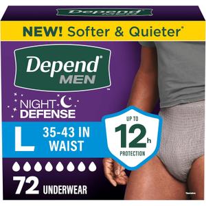 Depend Night Defense Adult Diapers, Incontinence Underwear for Men, Disposable, Overnight, Large, Grey, 72 Count