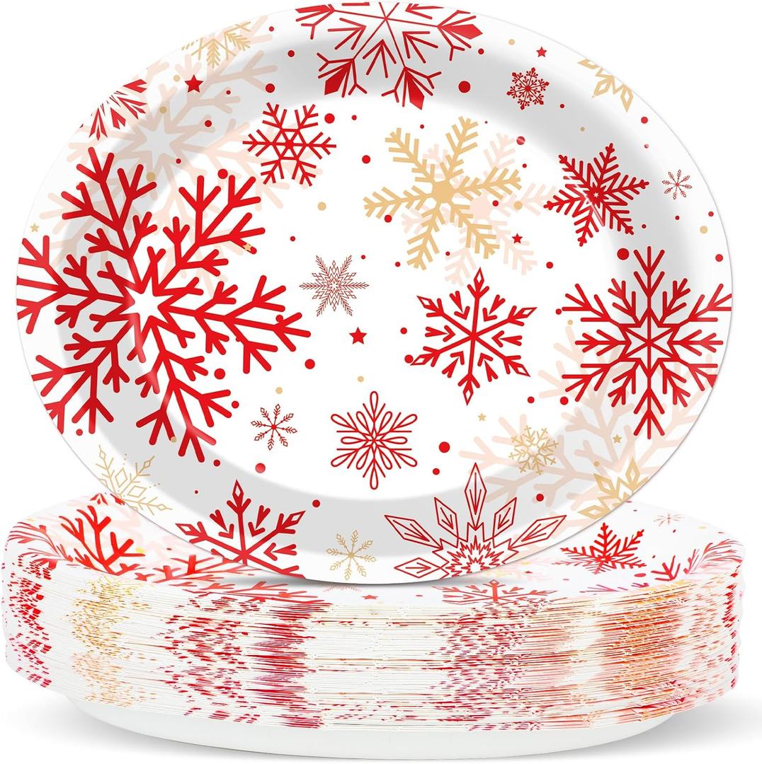 50 Count Christmas Oval Paper Plates Red Snowflake Party Decorations Christmas Red and White Plates 11x9 in Winter Holiday Disposable Cake Tablewares Platters for Xmas Dinner Birthday Supplies