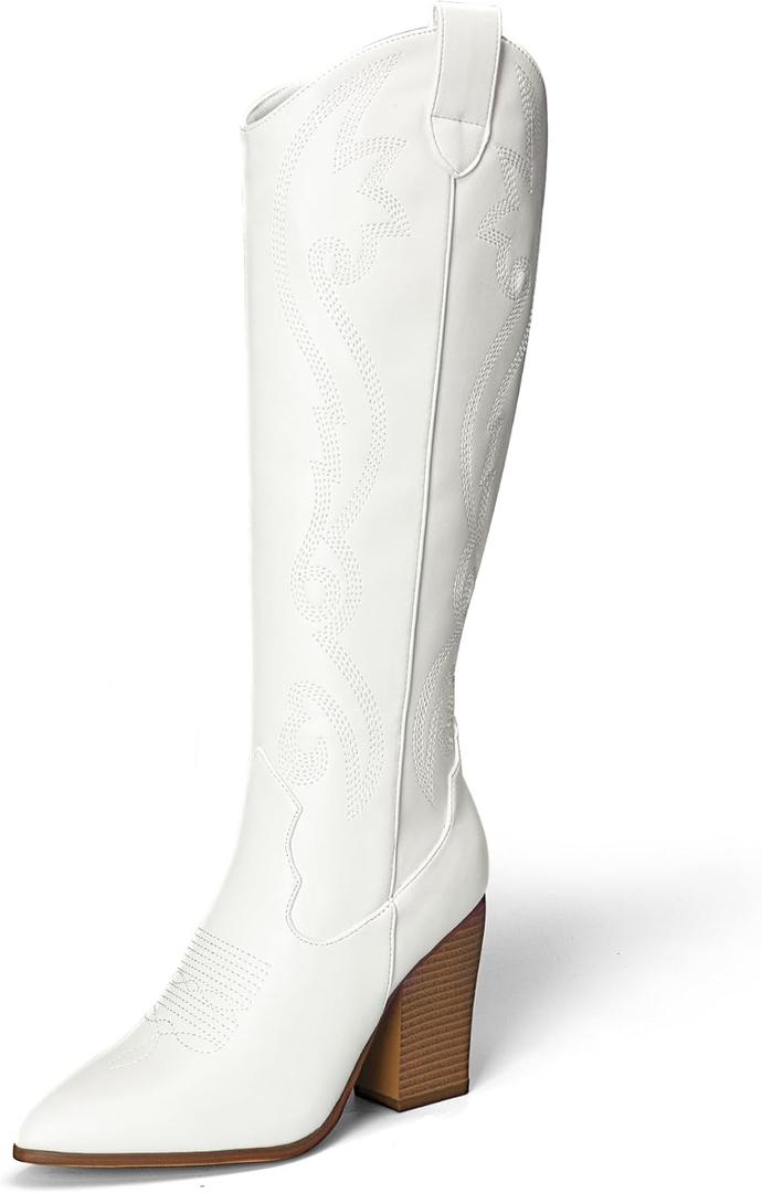 DREAM PAIRS Cowboy Boots For Women, Comfortable Pull On Zipper Chunky Heel Pointed Toe Embroidered Western Cowgirl Knee High Boots (8.5, White)