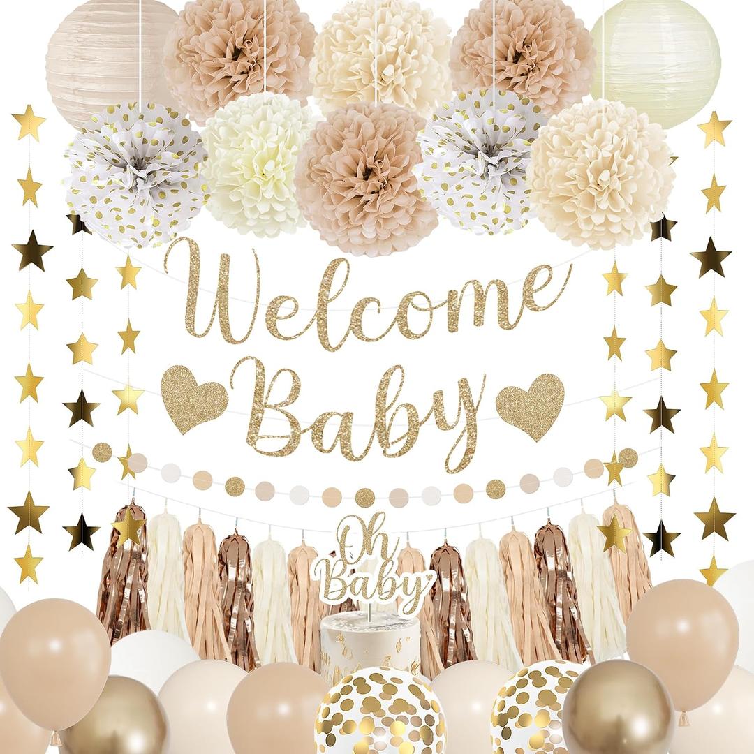 Amandir Baby Shower Decorations Neutral Beige Balloons Welcome Baby Banner, Cake Topper, Paper Lanterns, Pom Poms Flowers Tassels, Circle Dots Star Garland, Gender Reveal Boho Birthday Party Supplies