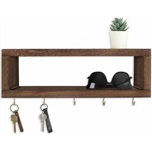 Wall Shelf with Hooks - Decorative Key and Wallet Holder for Wall Holds Sunglasses, Leashes, Scarves and Lanyards - 15.7" x 5.1" x 2.9" Entryway Organizer Made of Paulownia Wood (Brown)