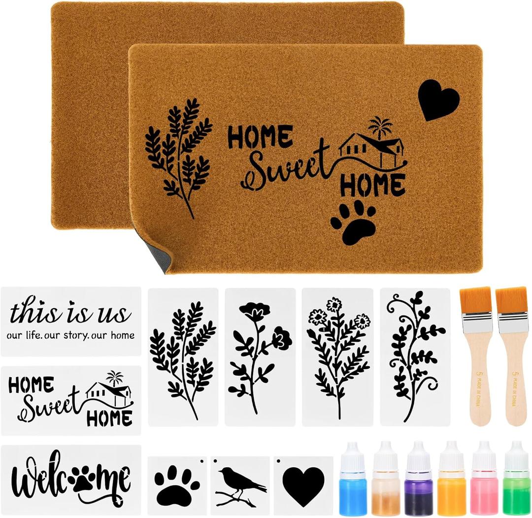 2 Pack DIY Coir Doormat Painting Kit, 23" x 16" Blank Coconut Fiber Front Door Mats with Acrylic Paint, Brushes & Stencils, Non-Slip Personalized Entry Rugs for Indoor Outdoor Craft Gifts