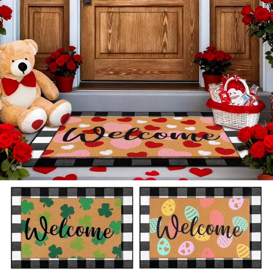 HunnmingRe 4 Pcs Valentine's Day St. Patrick's Day Easter Welcome Door Mats Outdoor Non Slip Buffalo Plaid Floor Rug Shamrock Heart Eggs Imitation Coconut Coir Door Mats for Front Porch Entryway Decor