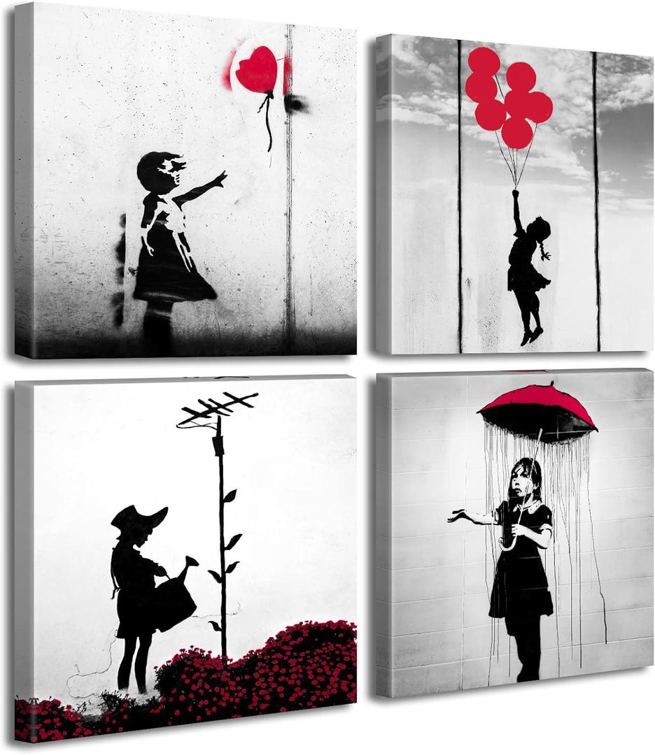 DJSYLIFE Banksy Canvas Wall Art Girl with Red Balloon Street Graffiti Wall Decor There is Always Hope Nola Abstract Artwork Black and Grey Modern Home Office Decorations 12" W x 12" H 2 Pieces