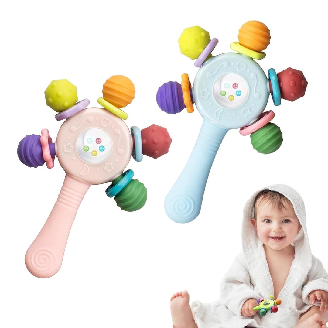 2PCS Baby Sensory Teething Toys-Rattle Stick,Food Grade BPA Free Chew Toy,Grip Strengthening Handle for Hearing Teeth Development,Infant Learning Toys for Aged 0-36 Months (Pink+Blue)