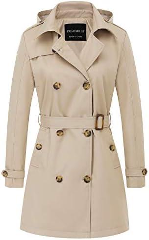 CREATMO US Women's Trench Coat Double-Breasted Classic Lapel Overcoat Belted Slim Outerwear Coat with Detachable Hood Medium