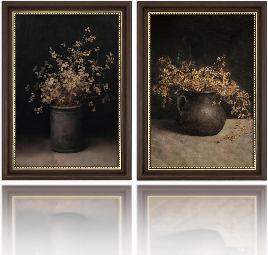 Framed Vintage Floral Wall Art, Rustic Dark Moody Flower Paintings Wall Decor, Cottagecore Botanical Vase Wall Decor, Retro Farmhouse Botanical Pictures Aesthetic Home Decor for Living Room Bedroom(D, 16x24in, Framed)