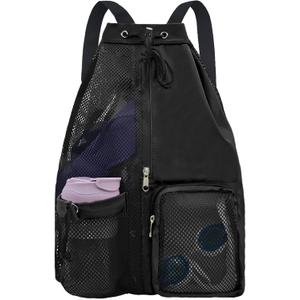 Mesh Beach Backpack with Wet Pocket Drawstring Pool Bag Waterproof Swimming Bag Gym Backpack for Men & Women (Black)