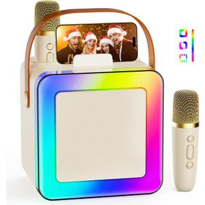 Karaoke Machine for Kids Adults, Portable Bluetooth Karaoke Speaker with 2 Wireless Microphones, Karaoke System with Mics Storage Hole and Lights, Birthday Gifts for Girls Boys Family Home Party
