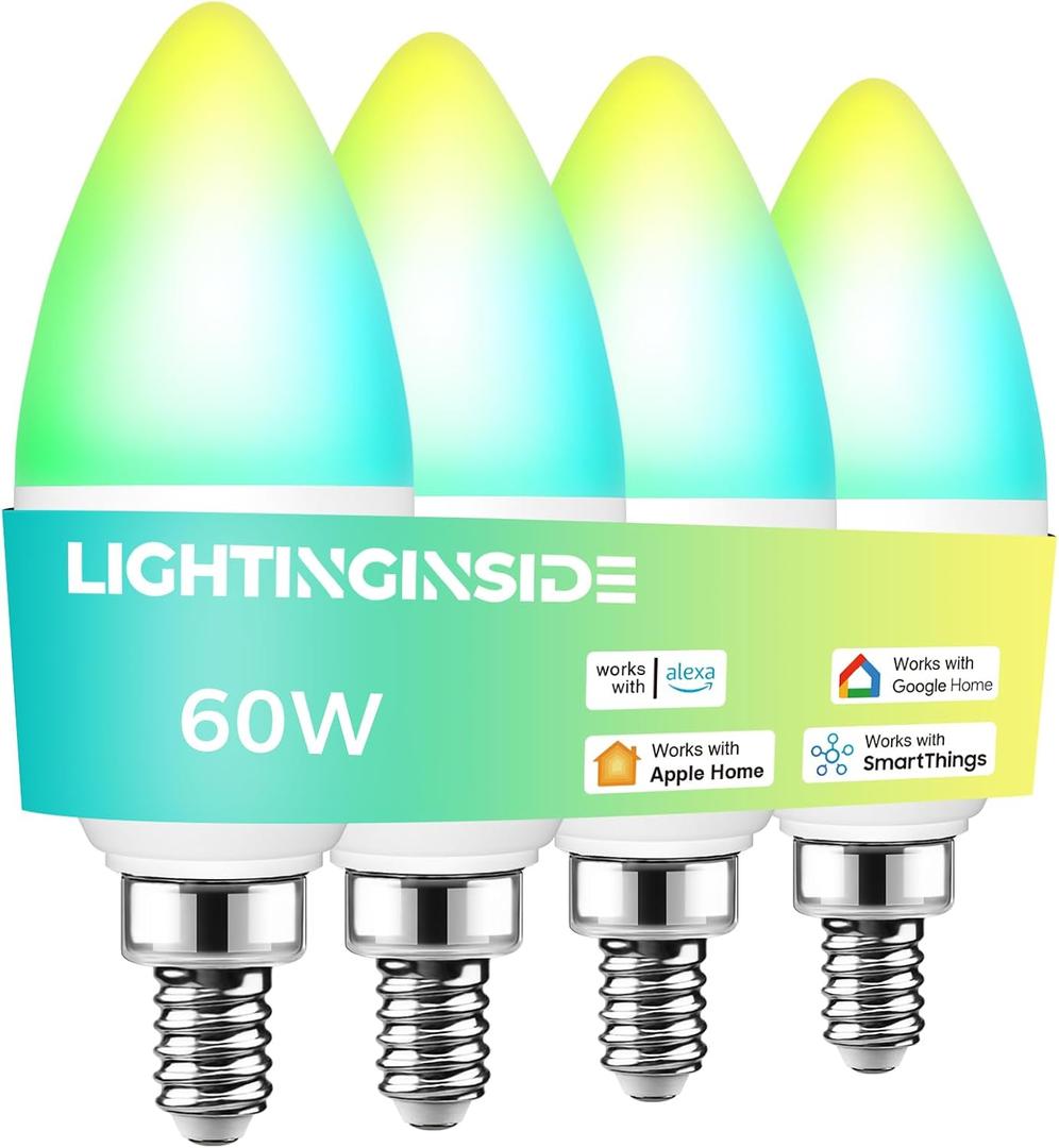 Lightinginside Matter E12 Smart Light Bulbs 60W Equiv., Compatible with Alexa/Apple Home/Google Home/SmartThings, RGBCW Candle Candelabra Chandelier Bulb, 2.4G WiFi, ETL Listed, Hub Required, 4PCS