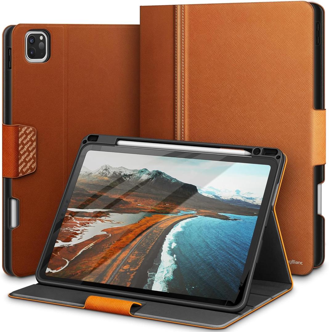 KingBlanc PU Leather Case for iPad Pro 11 inch 4th/3rd/2nd/1st Generation | 2022/2021/2020/2018 Cover with Pencil Holder, Multi-Angle Stand for Viewing/Typing, Magnetic Closure, Auto Sleep/Wake, Brown