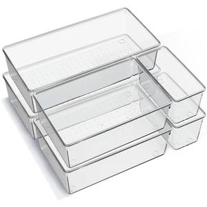 3 Pack Large Clear Plastic Drawer Organizer Trays, Acrylic Kitchen Drawer Organization and Storage Dividers, Non-Slip Storage Bins for Makeup, Kitchen Utensils, Bathroom, Jewelries and Office Desk