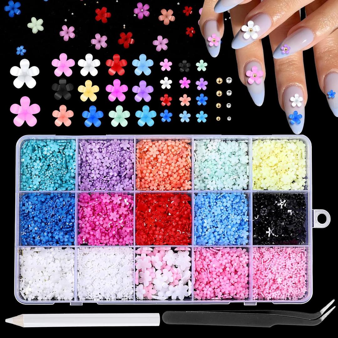 3D Flower Nail Charms, 3D Acrylic Flower Nail Art Rhinestones with Spring Blossom Petal for DIY Nail-Decor - Colorful Nail-Gems & Charms Kit with Tweezers