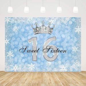 7x5ft Happy 16th Birthday Backdrop Sweet 16 Girl Blue Bokeh Winter Snowflake Silver Crown with Gem Diamonds Background Party Decorations Cake Table Banner Photo Booth Props