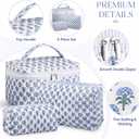 Kacctyen 3 Pcs Block Print Quilted Makeup Bag Set Floral Boho Toiletry Bag Travel Essentials for Women Cute Flower Quilted Cosmetic Organizer Pouch for Bachelorette Party Favors(Blue Flower)