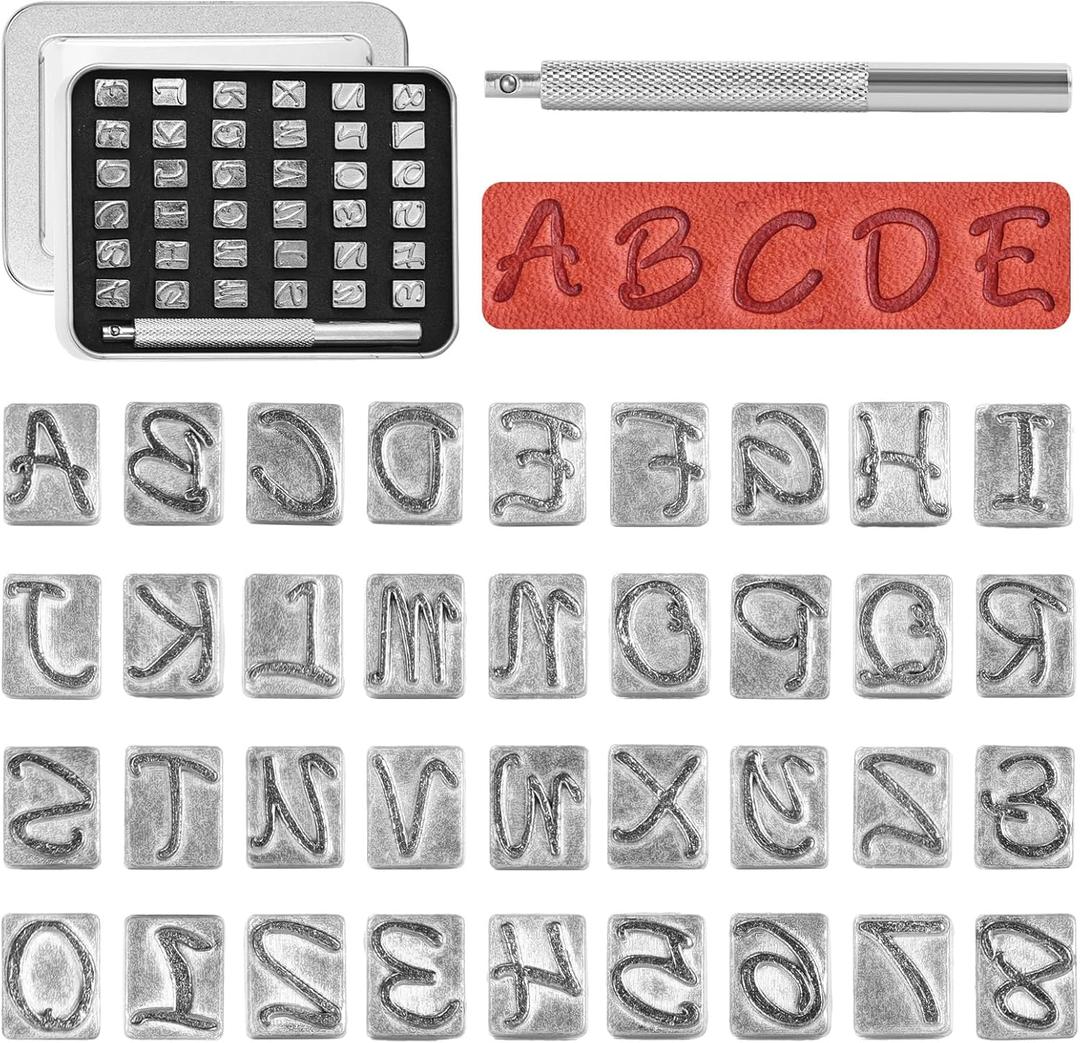 BESTNULE 37pcs Leather Stamps, 1/4" Leather Stamping Tools, Leathercraft Stamping Tool Set, 26PCS Capital Letter Leather Stamps + 10pcs Number Stamps + 1 Stamping Handle for Leather Craft