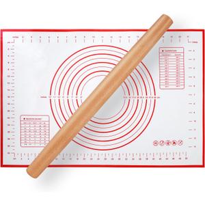 Wood French Rolling Pin for Baking, QUELLANCE Wooden Dough Roller with Silicone Baking Mat, Beech Wood Rolling Pins for Baking Dough, Pizza, Pie, Pastries, Pasta and Cookies, Red Pastry Mat