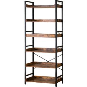 HCHQHS Adjustable 6 Tier Open Bookcase, Rustic Farmhouse Book Shelves, Industrial Wood and Black Metal Bookshelves, Mid Century Bookcase for Home Office Living Room Bedroom