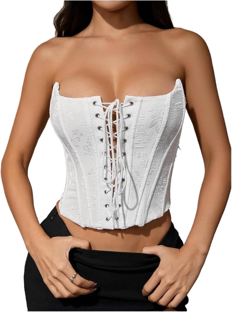 MakeMeChic Women's Renaissance Corset Bustier Tops Shapewear Lingerie Lace Up Floral Sexy Strapless Overbust Crop Top (White) XS